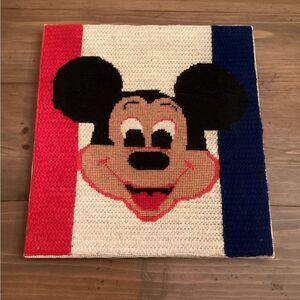 VINTAGE MICKEY MOUSE GRID NEEDLEPOINT WOOD MOUNTED 1970s13x14 red white blue